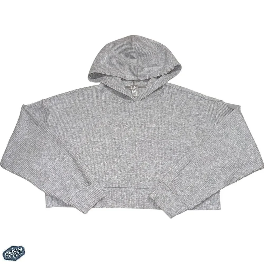 Alo Yoga Muse Hoodie Gray Cropped Ribbed Athleisure Pullover Sweatshirt Gym - Picture 9 of 15